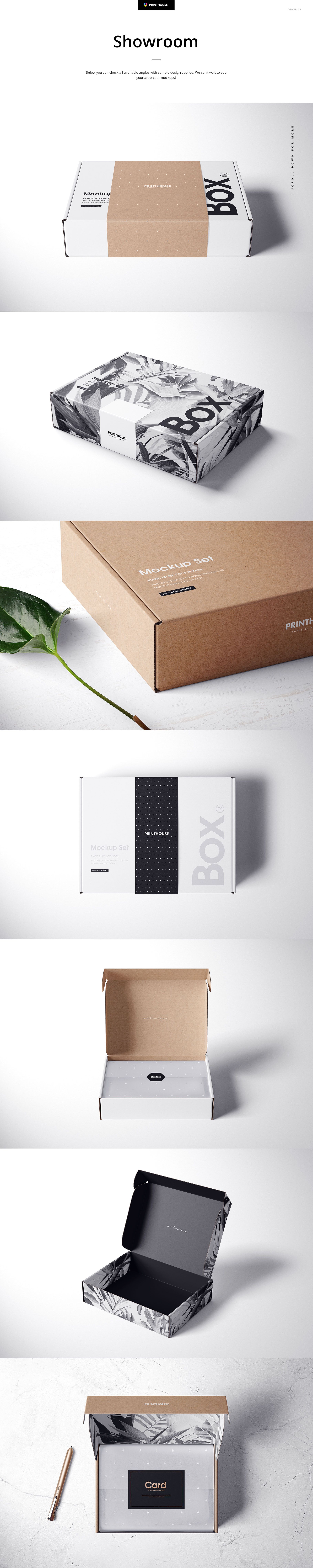 Mailing box mockup bundle featuring rectangular boxes in white and kraft brown, shown from various angles on a white surface.