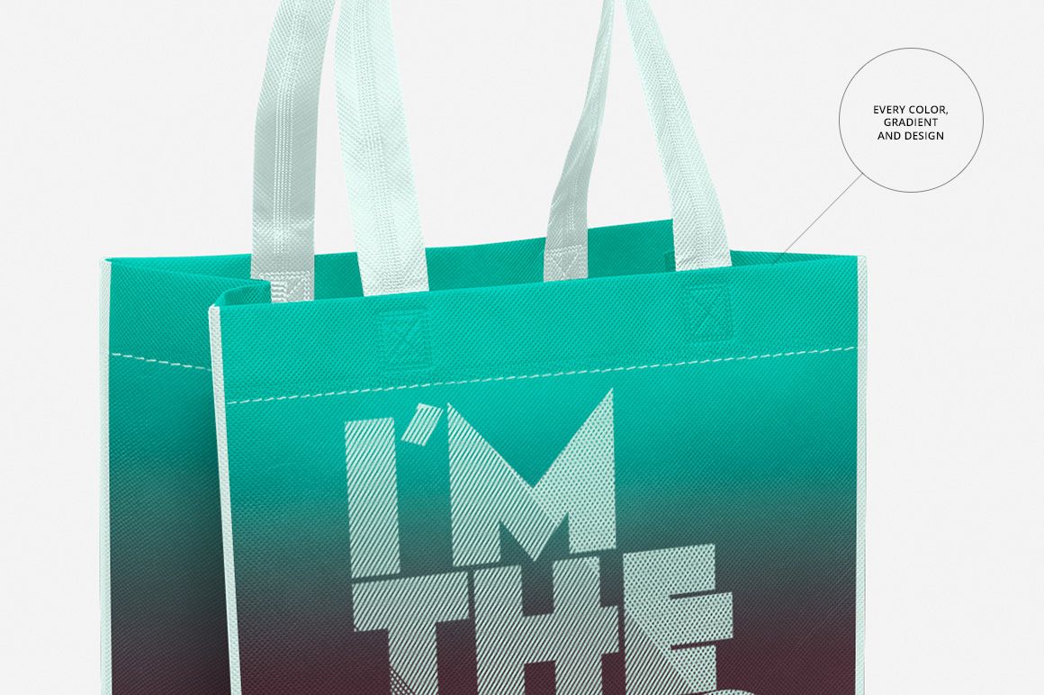 Close-up of a canvas bag mockup showing a turquoise and burgundy gradient, white handles, and prominent lettering.