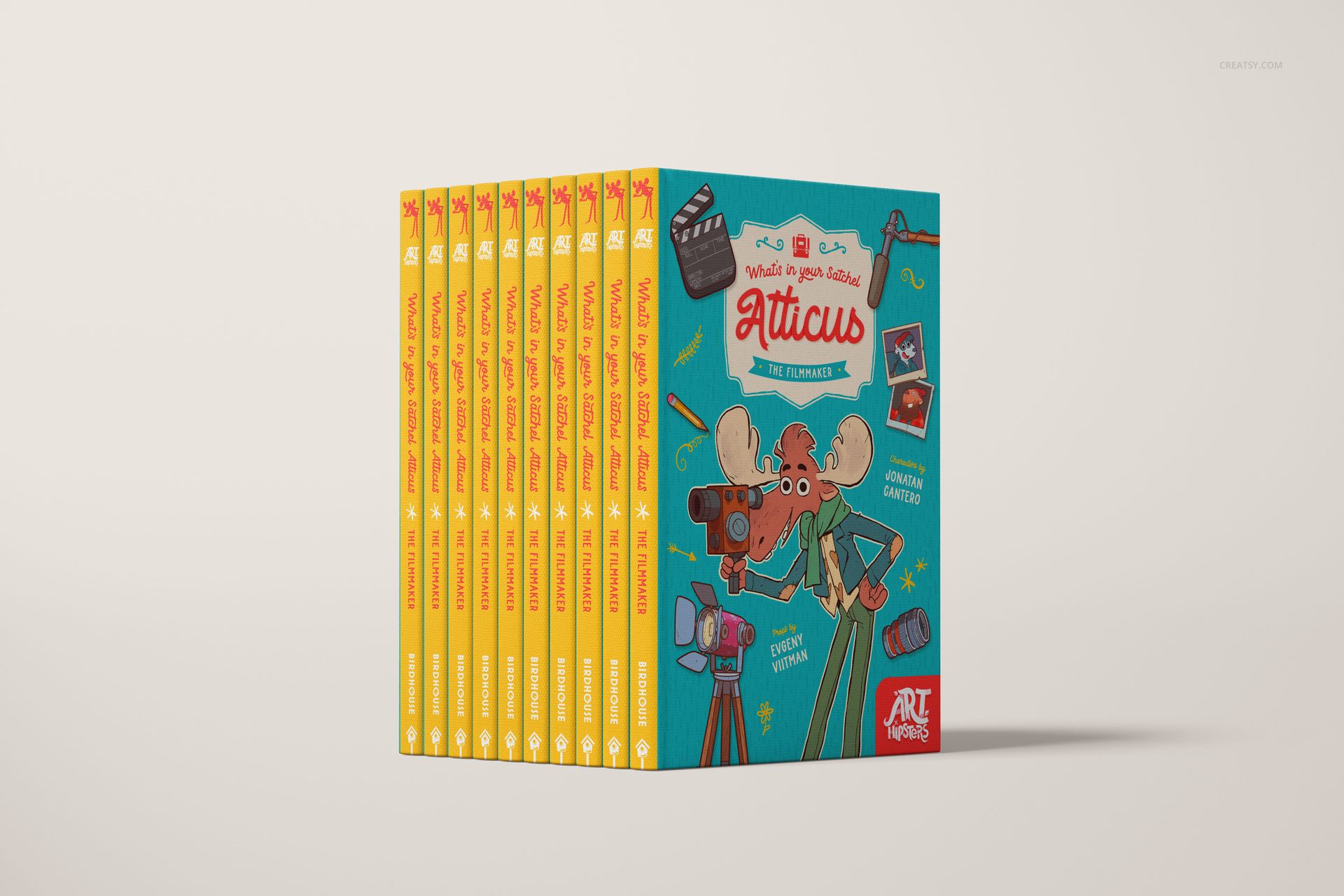 Hardcover books arranged in a row, each with a vibrant illustrated front cover and matching yellow spine in a mockup scene.