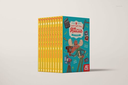Hardcover books arranged in a row, each with a vibrant illustrated front cover and matching yellow spine in a mockup scene.