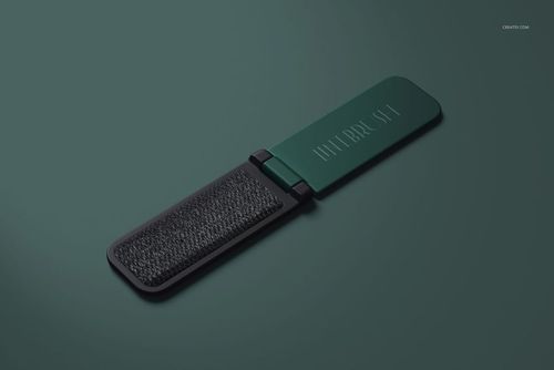Open folding lint brush and shoe horn mockup in green and black, shown from above on a minimalist green surface.