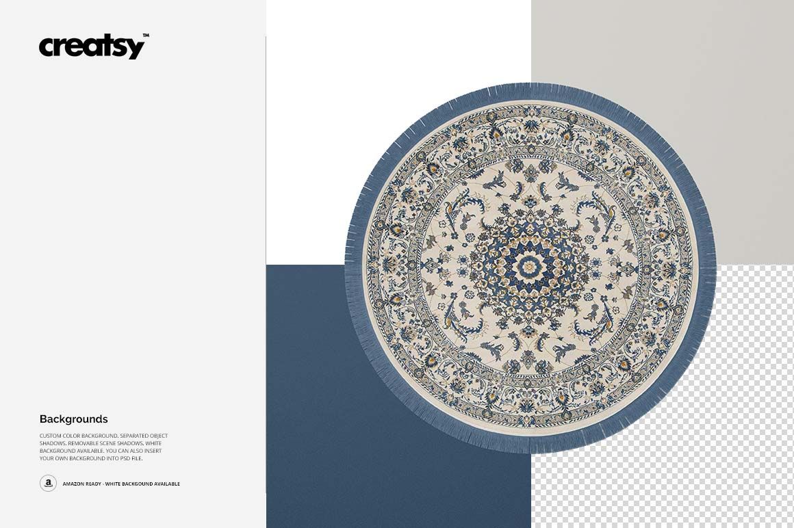 Top view of a circular Persian carpet mockup featuring blue, gray, and cream ornate designs with fringed edges.