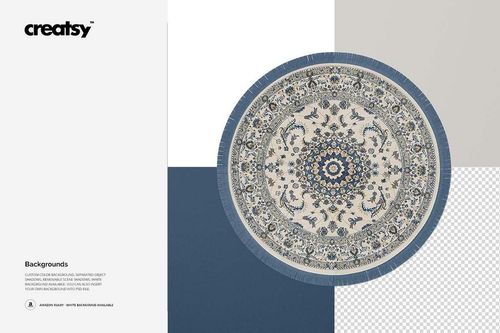 Top view of a circular Persian carpet mockup featuring blue, gray, and cream ornate designs with fringed edges.
