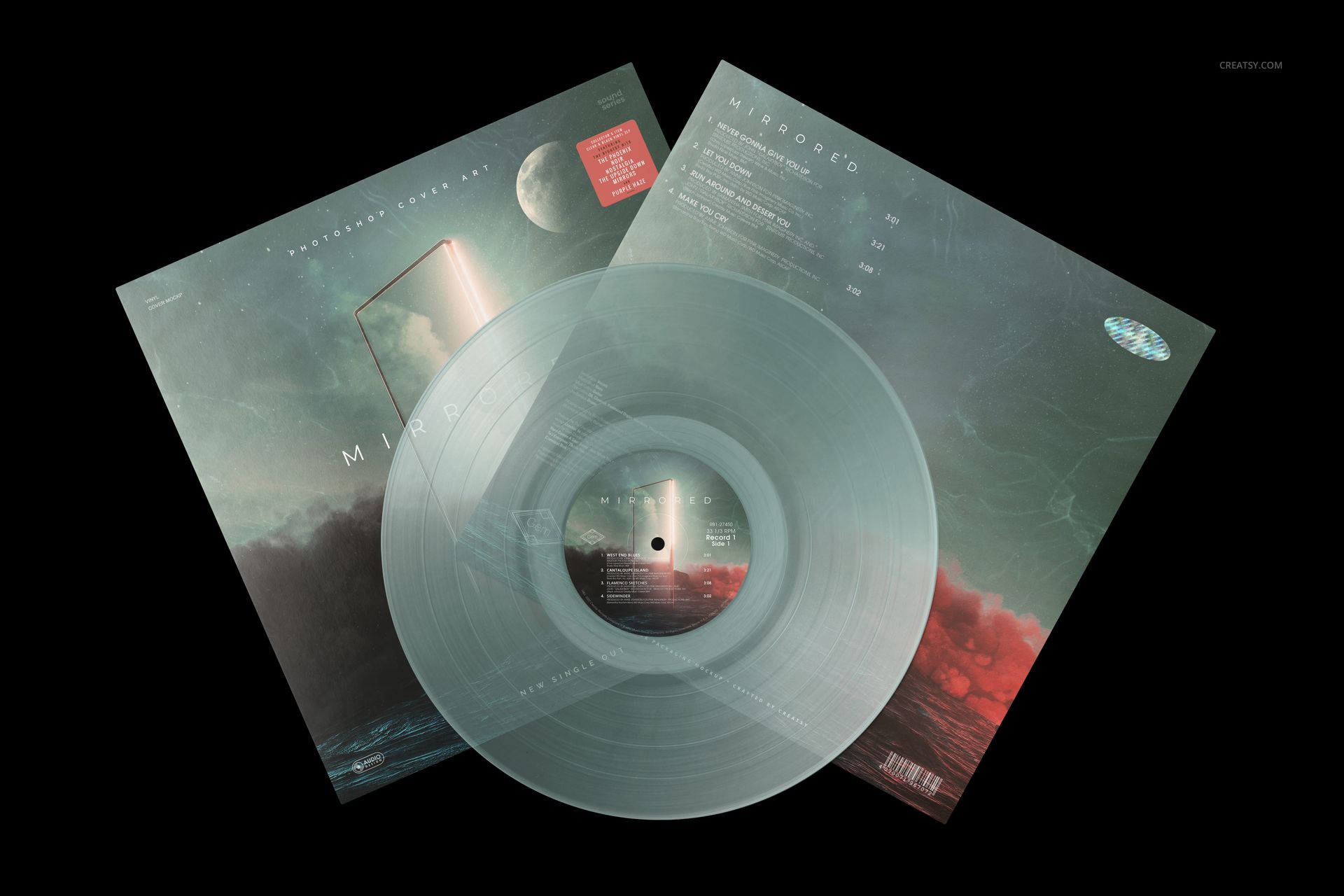 Clear vinyl record mockup shown alongside two illustrated album sleeves with cosmic and landscape artwork.