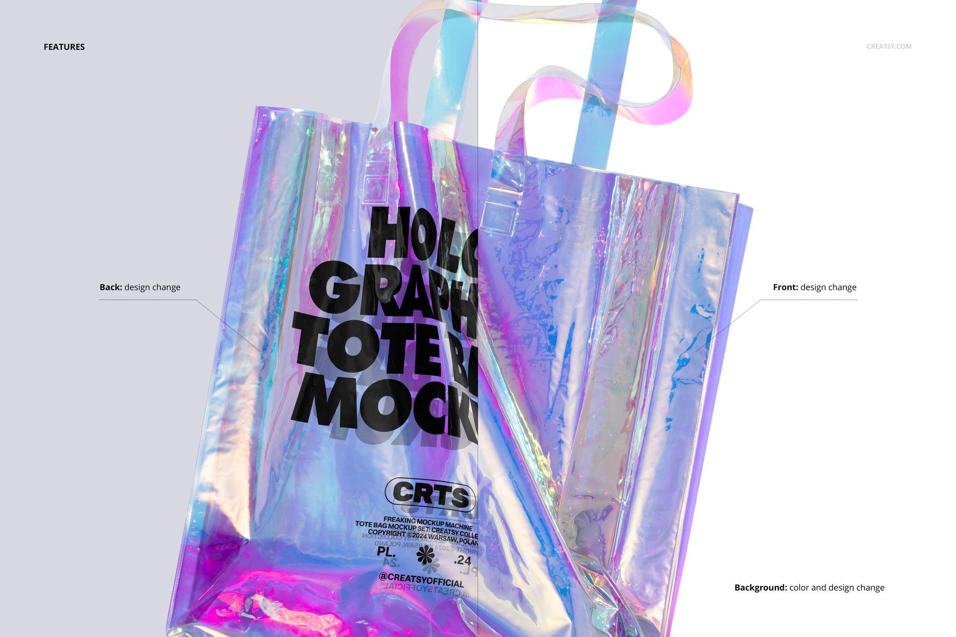 Front view of a holographic tote bag mockup featuring shiny reflective surface and colorful transparent handles.