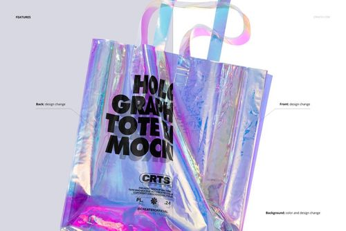 Front view of a holographic tote bag mockup featuring shiny reflective surface and colorful transparent handles.