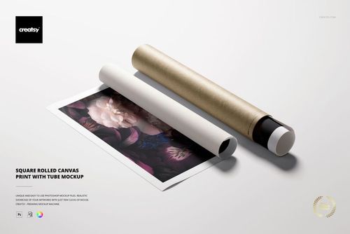 Rolled canvas print mockup with a flower artwork, shown beside a metallic tube, photographed from above.
