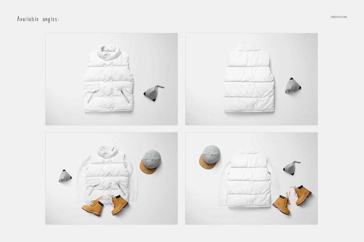 Boys winter set mockup featuring a white puffer vest, gray knit hat, and tan boots, shown from various angles on a light background.