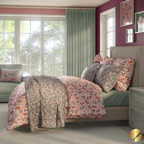 Bedroom bedding set mockup featuring a bed with fruit and leaf patterned sheets, sunlight streaming through large windows, and pastel decor.