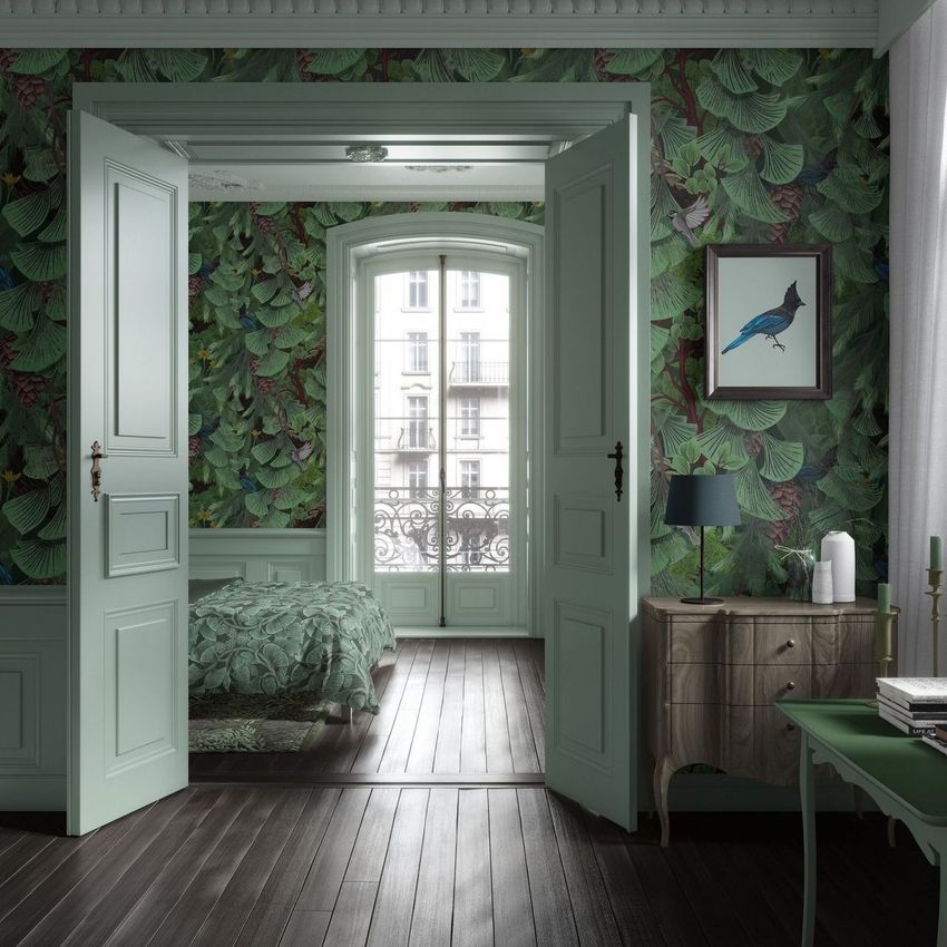 Apartment wallpaper mockup showing a classical interior with leafy green wallpaper, open double doors, and a view into a bedroom.