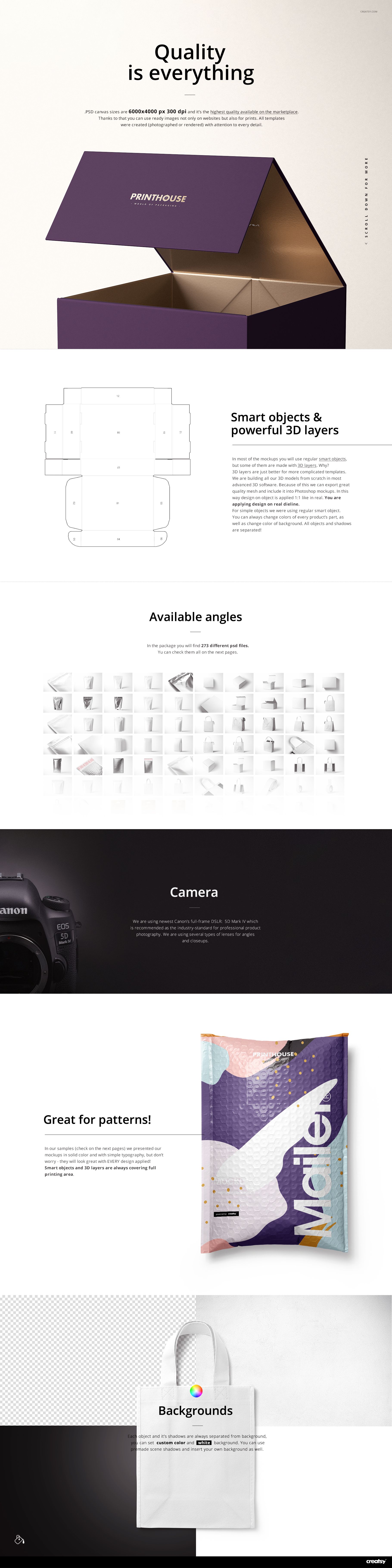 Various packaging mockups including a purple box, unfolded box template, tote bag, and poster shown in editable PSD formats.