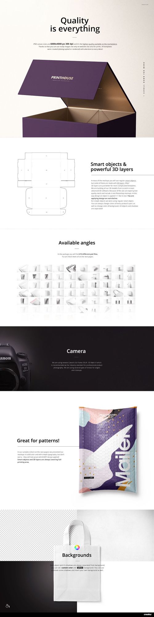 Various packaging mockups including a purple box, unfolded box template, tote bag, and poster shown in editable PSD formats.