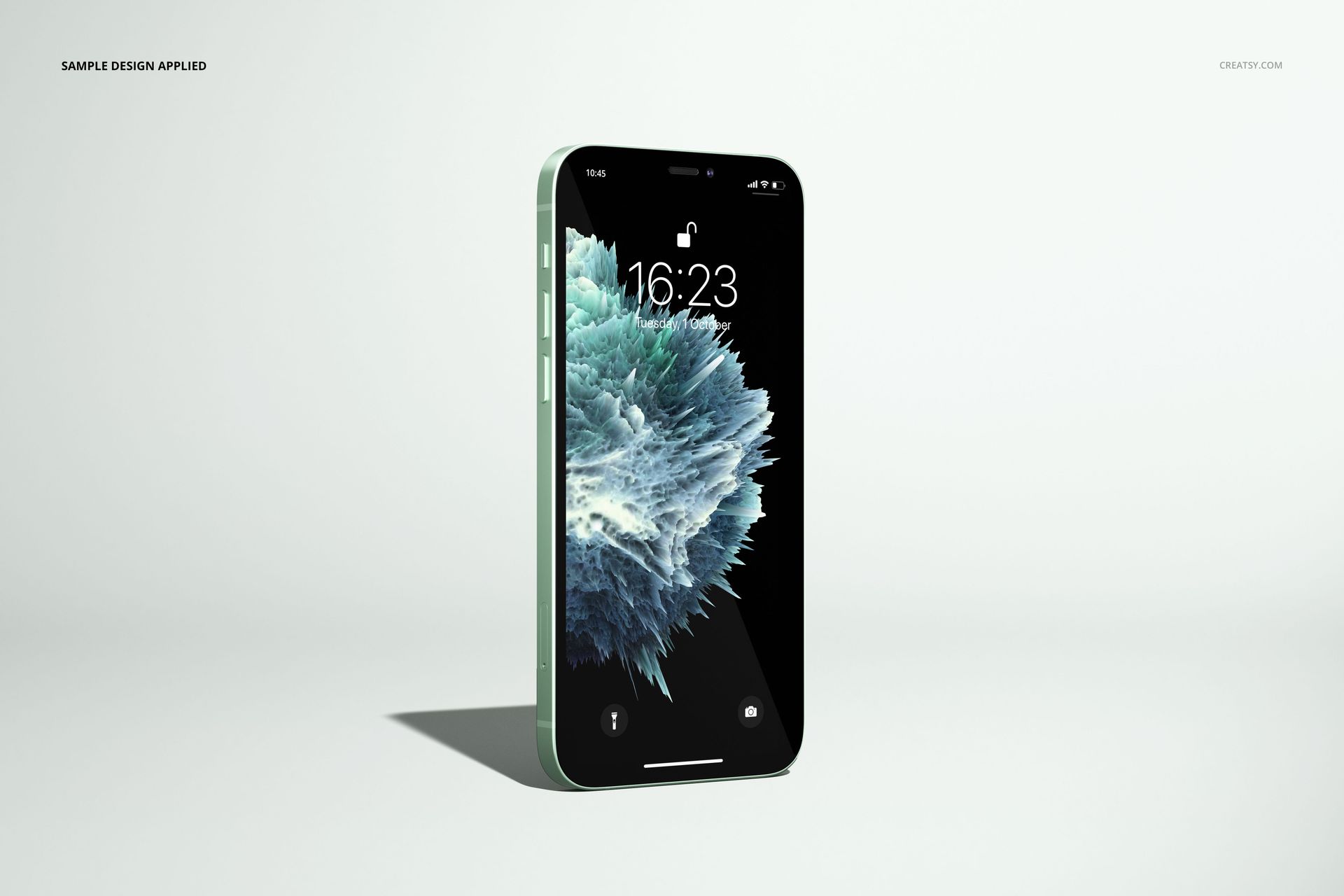 iPhone 12 mockup showing a realistic device with a vibrant abstract pattern on the display, isolated on white.