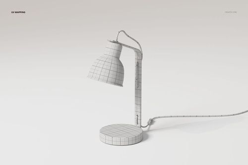 3D model of a pivot table lamp with wireframe grid texture, shown from a side angle on a plain background.