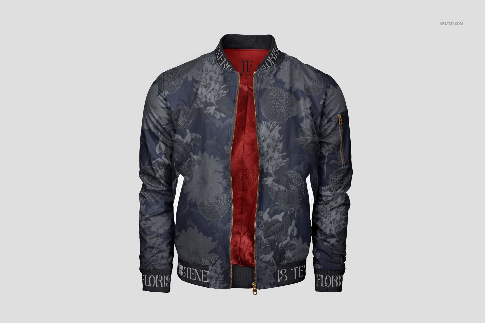 Front view of men's bomber jacket mockup featuring a black and gray floral design and visible red interior lining.