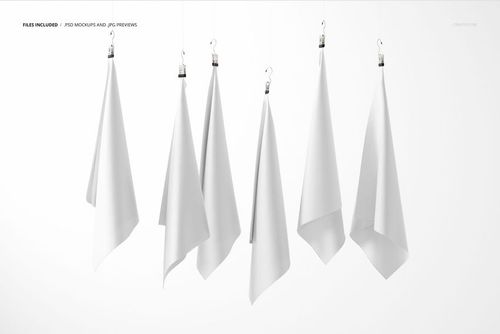 Front perspective of white fabric pieces hanging individually from metal clips, suitable for fashion accessories mockup.