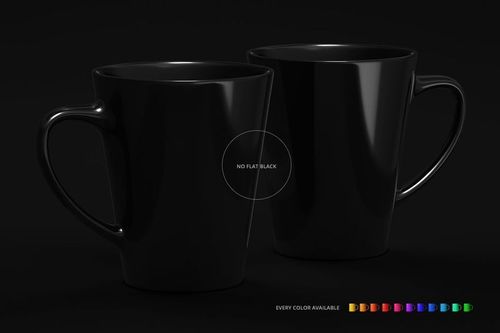 Glossy black cone-shaped mugs presented in a PSD mockup, front and side view, with color swatches below.