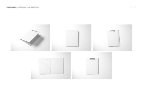 Set of five stationery mockups featuring white clipfolios in various open and closed positions on a light background.