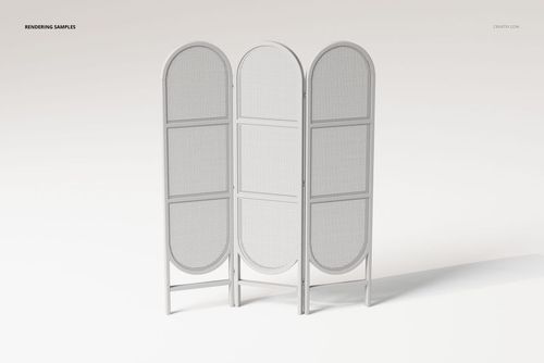 Rattan folding room divider with three arched panels in light gray, shown from a front angle on a plain background.