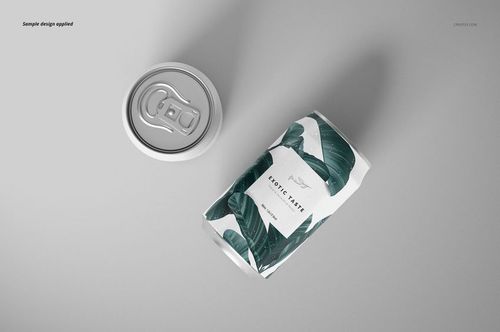 Front view of a drink can mockup with a removable lid, featuring a green leaf pattern on a white background.