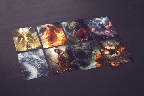 Eight illustrated trading cards featuring mythical creatures and warriors, displayed on a dark tabletop in a mockup layout.