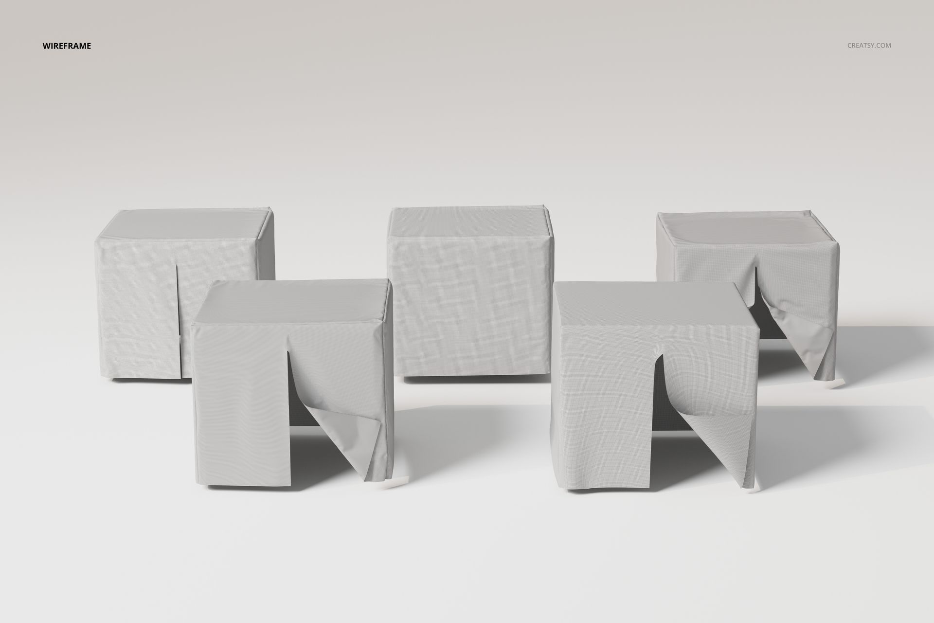 Front view of five kids tent house 3D models with gray fabric covers and open flaps on a light background.
