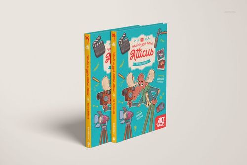 Mockup of hardcover books with playful cartoon graphics, viewed from the front and side, set against a neutral backdrop.