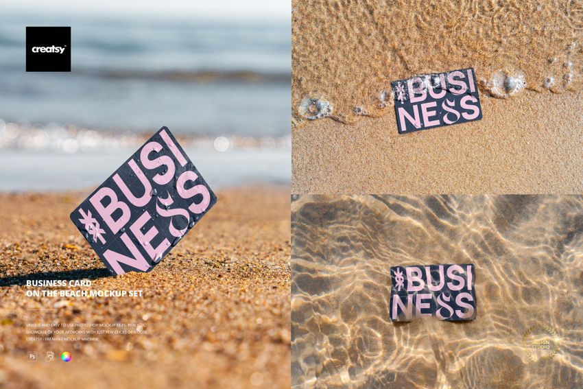Rectangular business card mockup on sandy beach, shown in various views with water and wet sand textures.