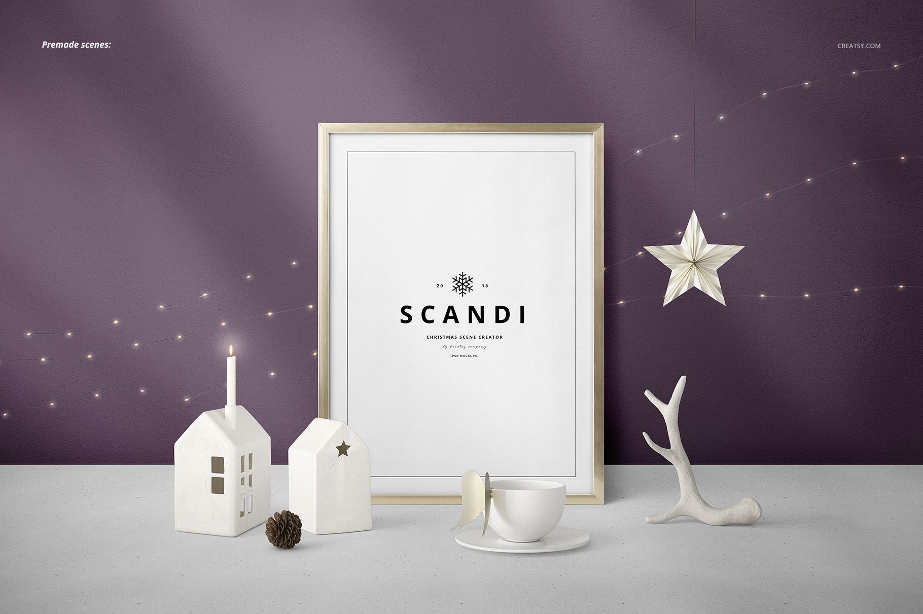 Front view of a SCANDI Christmas PSD mockup featuring a framed artwork, white decorative props, and festive lights.