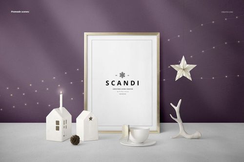 Front view of a SCANDI Christmas PSD mockup featuring a framed artwork, white decorative props, and festive lights.