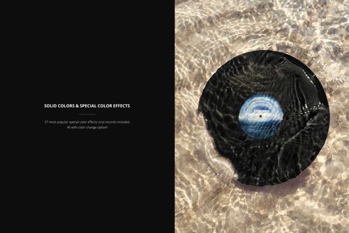 PSD mockup showing a vinyl record underwater on a sandy beach, with visible water ripples and light effects.