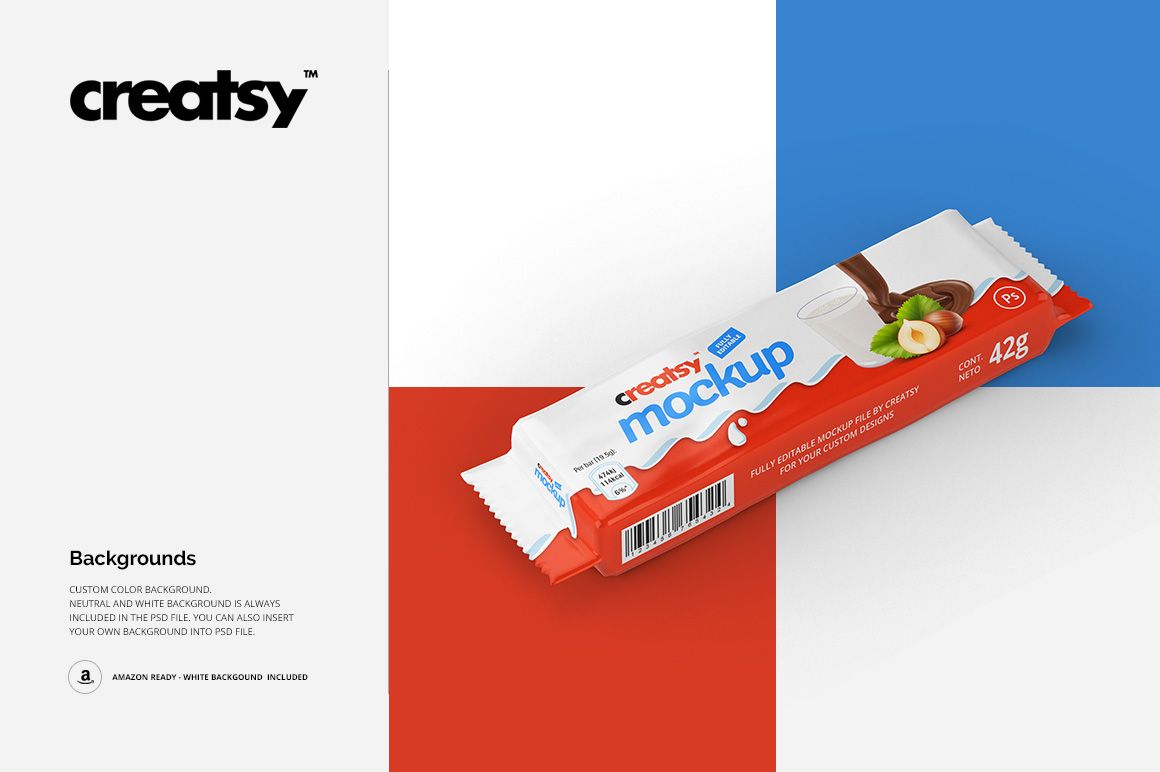 Bar package mockup featuring a chocolate snack wrapper with red and white colors, displayed on a geometric backdrop.