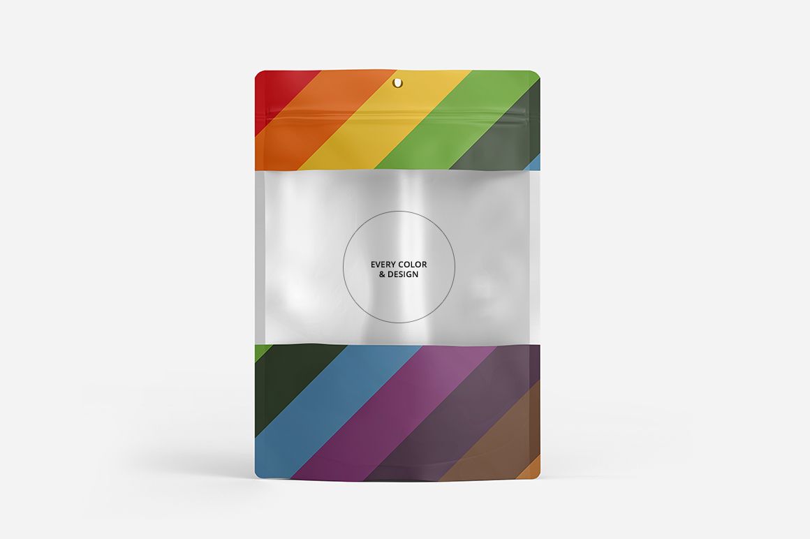 Front view of a plastic window bag mockup with colorful diagonal stripes and a clear central section on a white background.