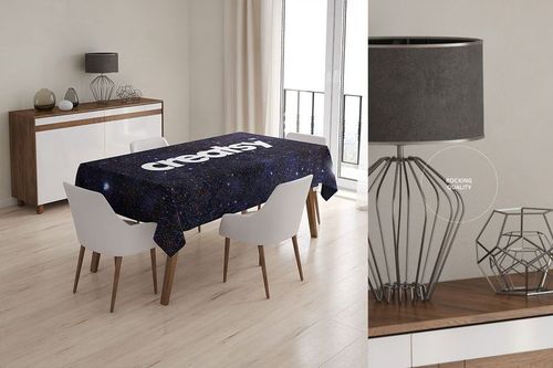 Tablecloth mockup featuring a cosmic design and bold white lettering on a wooden table surrounded by white chairs.