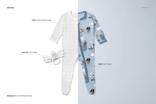 Footie baby onesie mockup set showing a split design with grid pattern on one side and animal print on the other.