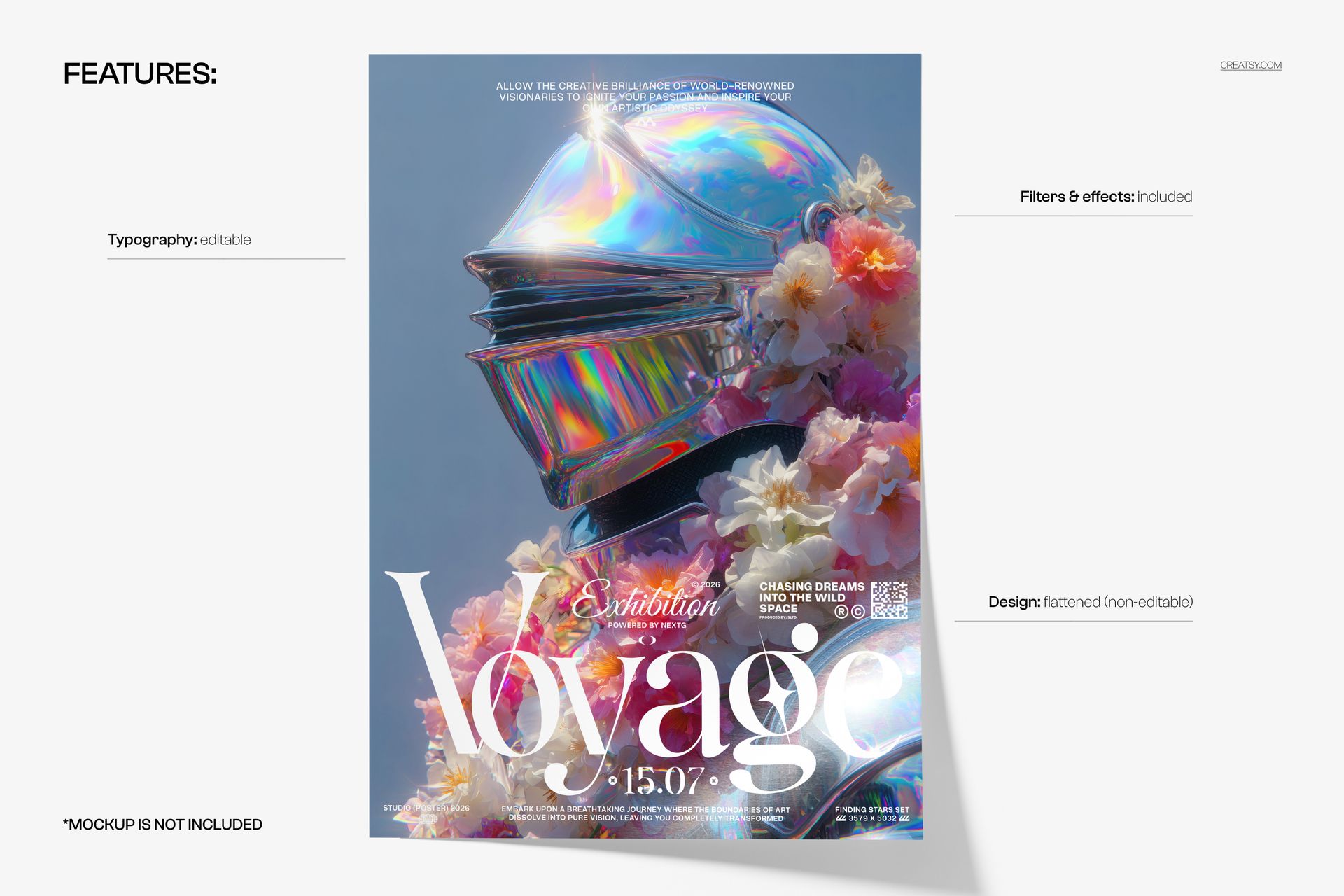 PSD mockup poster displaying a reflective helmet adorned with colorful flowers and large text, shown from the front angle.