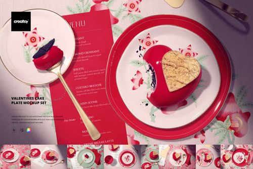 Valentine-themed cake plate mockup featuring a round white plate with pink floral accents, heart-shaped dessert, and gold spoon.