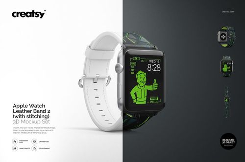 Apple Watch mockup set displaying leather bands with stitching, shown in white and patterned black-green, front and top perspectives.