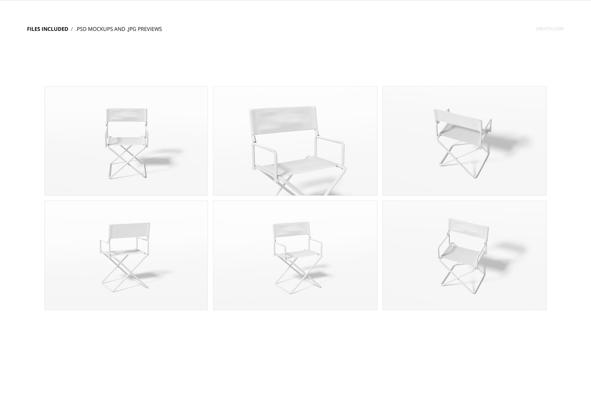 Set of six folding directors chairs mockup in white, shown from various angles on a plain light background.