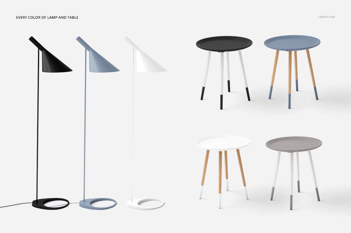 Set of minimalist floor lamps and round tables with wooden legs in black, white, gray, and blue tones, mockup style.