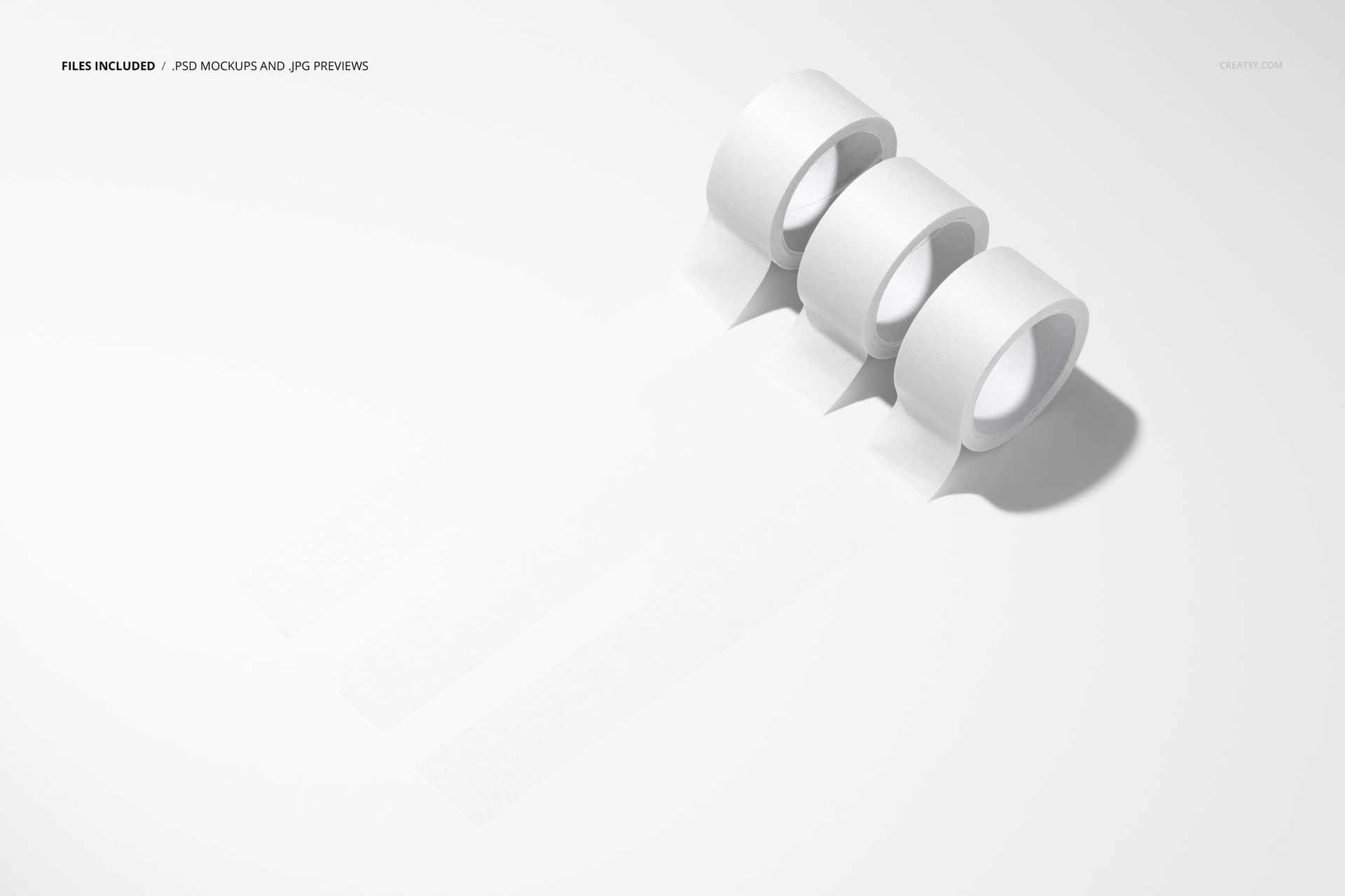 Triple packaging tape mockup showing three white tape rolls with extended strips on a plain background, top view.