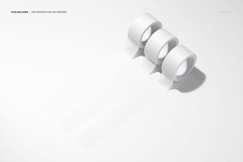 Triple packaging tape mockup showing three white tape rolls with extended strips on a plain background, top view.