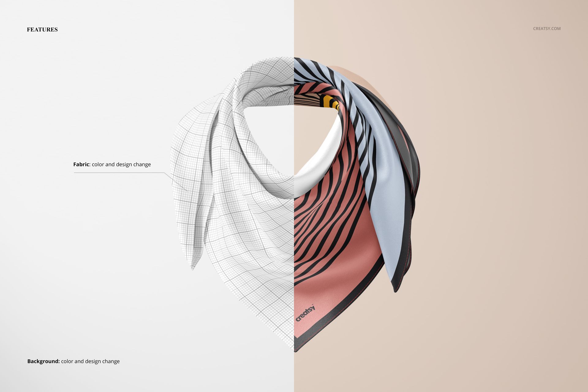 Fashion accessory mockup featuring a silk scarf on a ghost mannequin, half in grid lines and half in colorful abstract print.