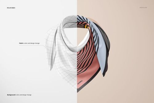 Fashion accessory mockup featuring a silk scarf on a ghost mannequin, half in grid lines and half in colorful abstract print.