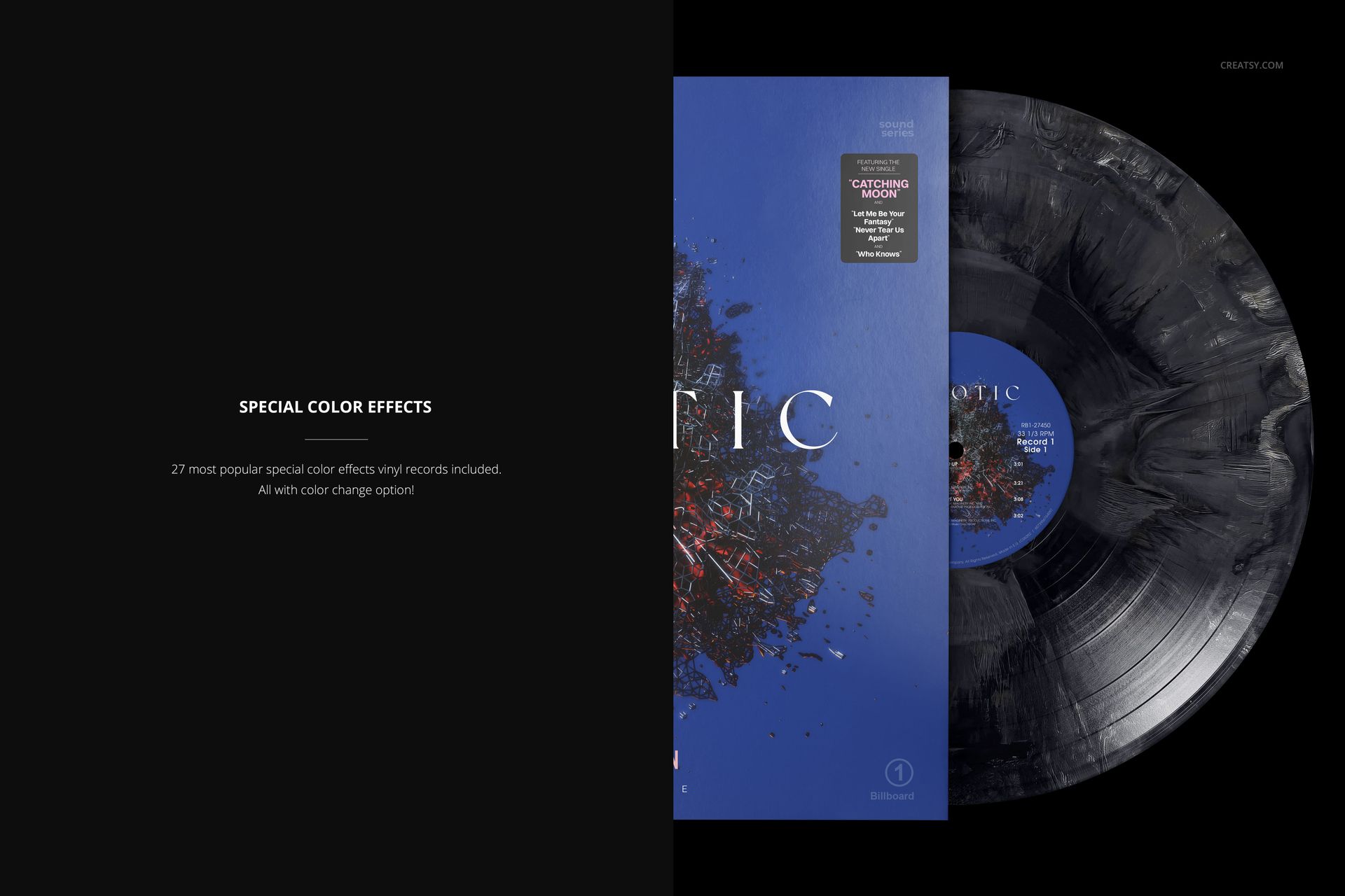 PSD mockup of a vinyl record with swirling color design, partially inserted into a blue cover, close-up scene.