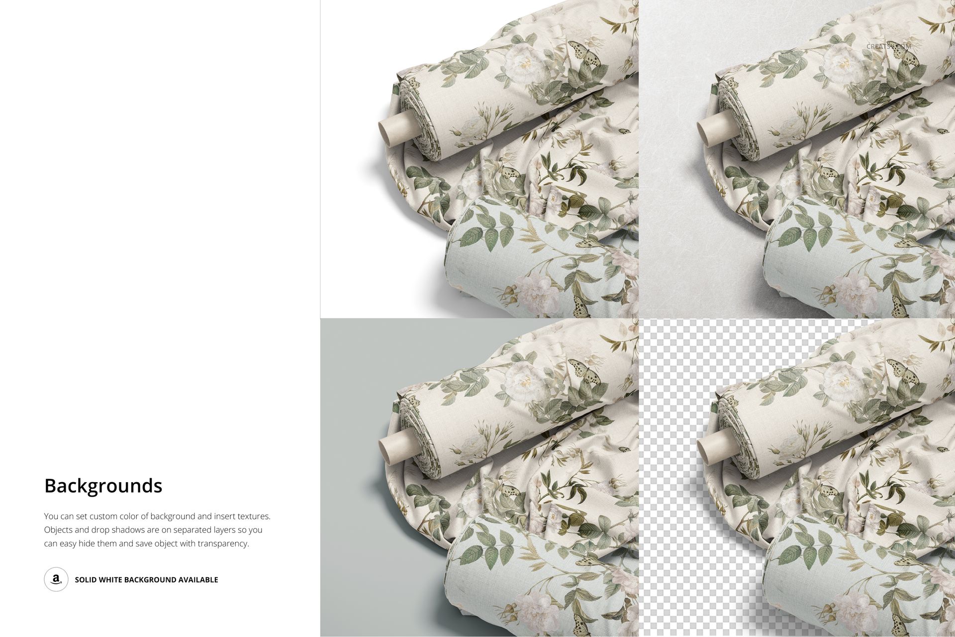 Fabric rolls mockup in a flat lay arrangement, showcasing botanical prints with options for white, gray, and transparent backgrounds.
