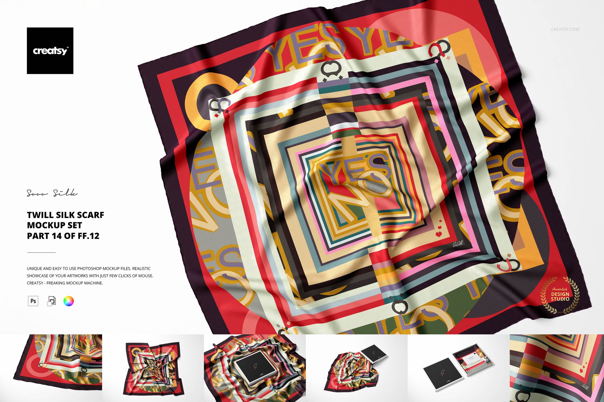 Square silk scarf with a geometric multicolor pattern displayed on a flat surface, accompanied by mockup props.