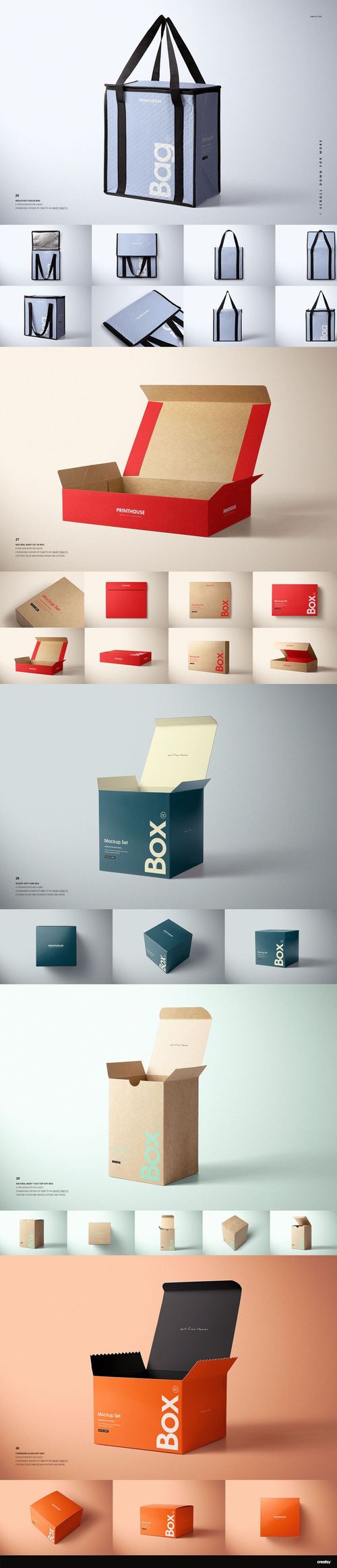 Various packaging box mockups in different shapes and colors, displayed from multiple angles on neutral backgrounds.