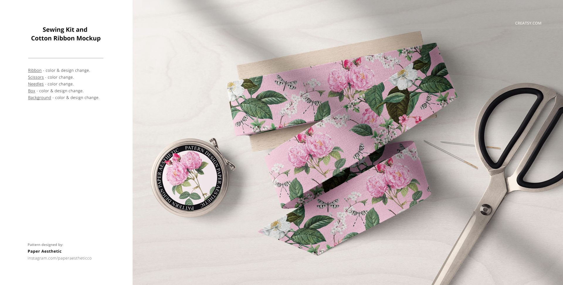 Fabric mockup featuring a pink floral cotton ribbon, sewing kit tin, and scissors arranged on a pale wooden table.
