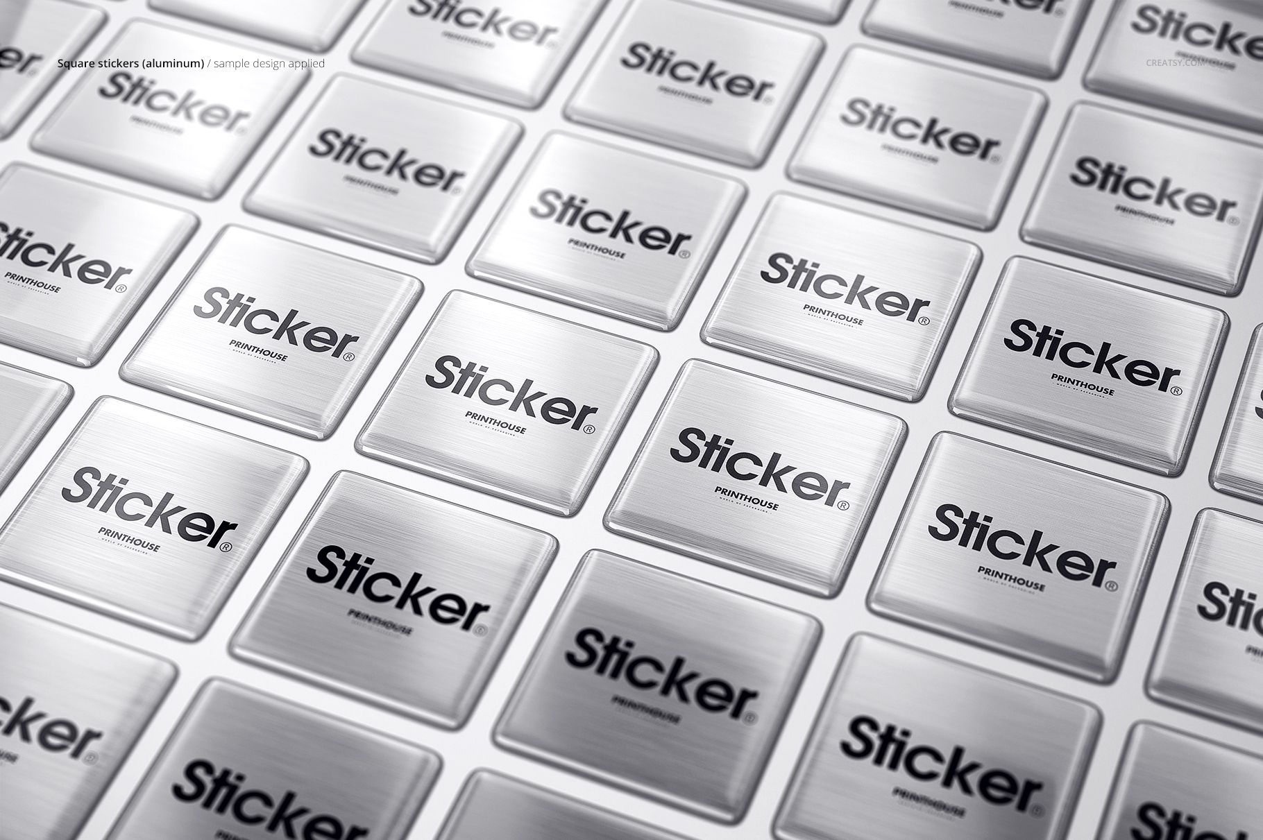 Grid of shiny metallic square stickers labeled 'Sticker', displayed in a realistic packaging mockup scene.